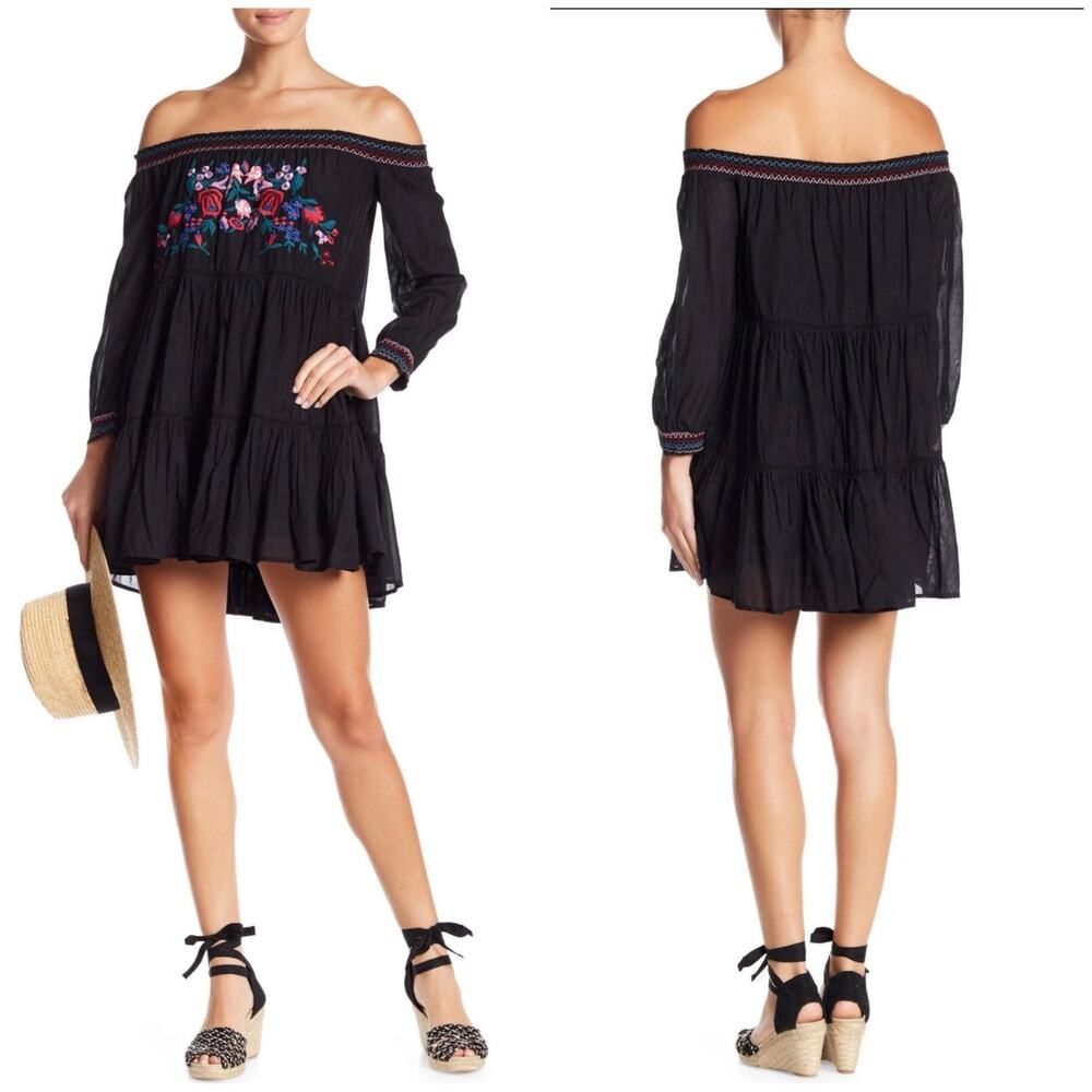 Free People Off Shoulder Black Floral Sunbeam Dress Size Small